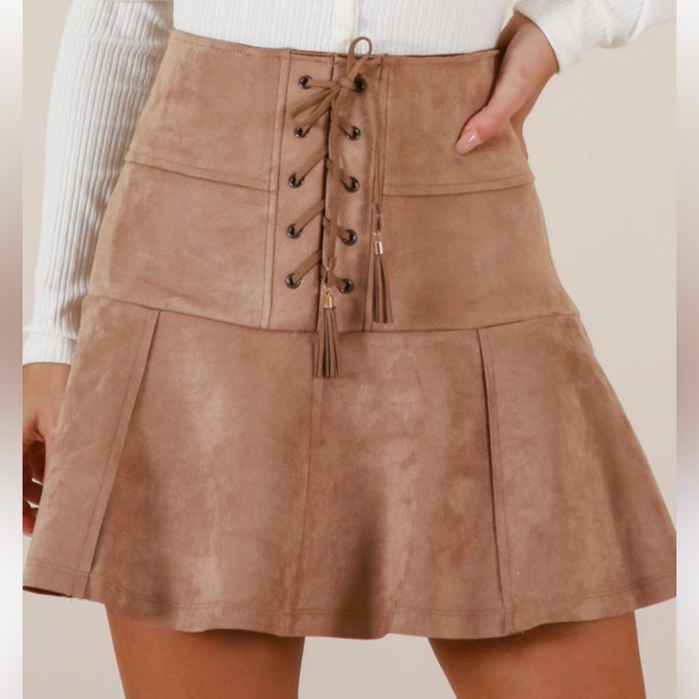 Elegant Tan Suede A-Line Skirt with Lace-Up Detail